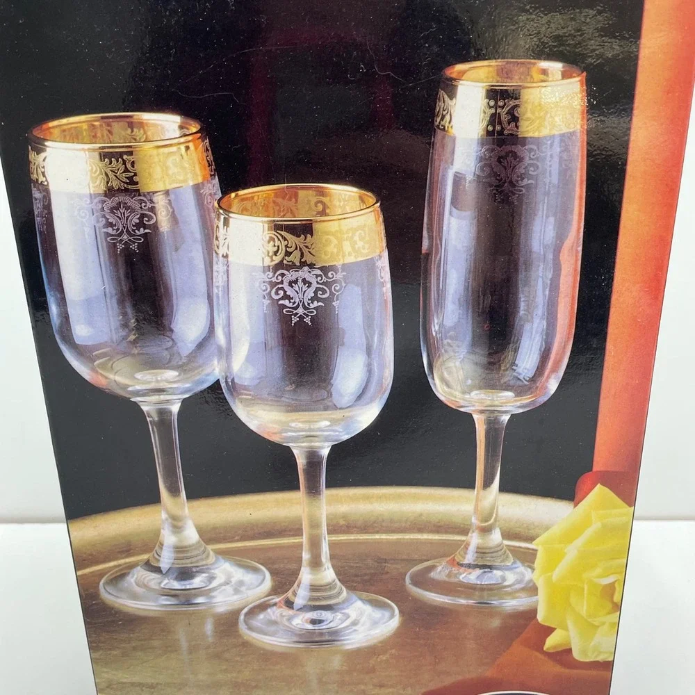 New Cellini Crystal Stemware Set 4 Wine Glasse 24K Gold Italy 7.5in Wedding Gift